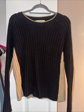 LOFT Black Ribbed Crewneck Sweater with Cream Side Panels